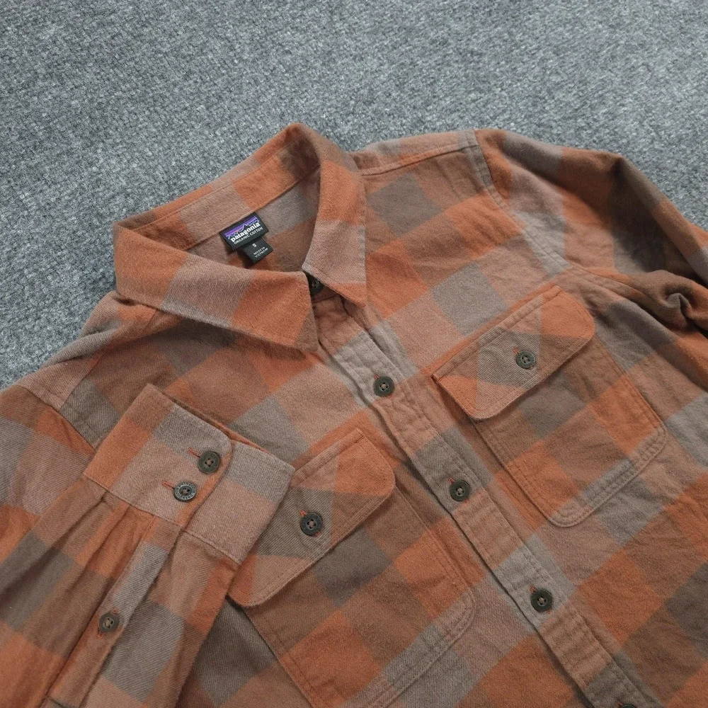 Patagonia Shirt Womens S Orange Plaid Midweight Fjord Flannel Organic Hiking